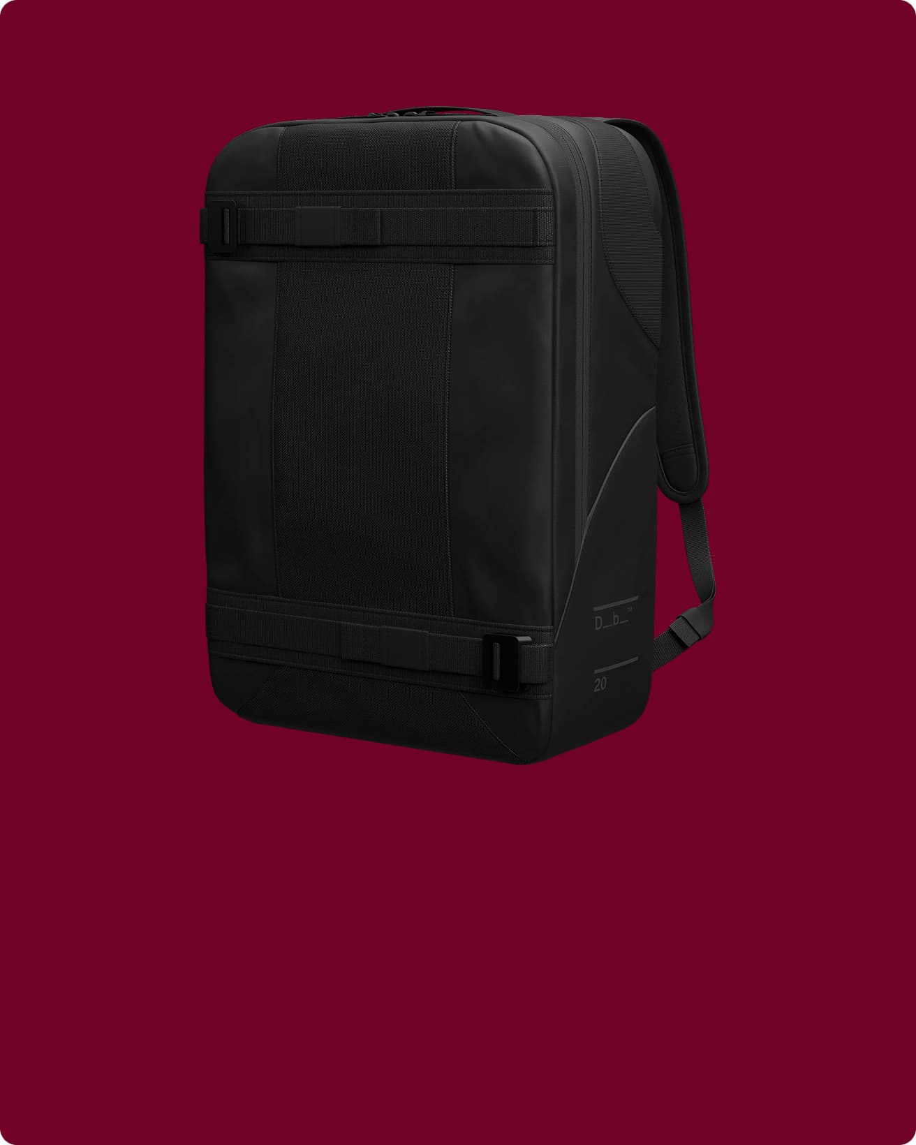 Black backpack on a maroon background.