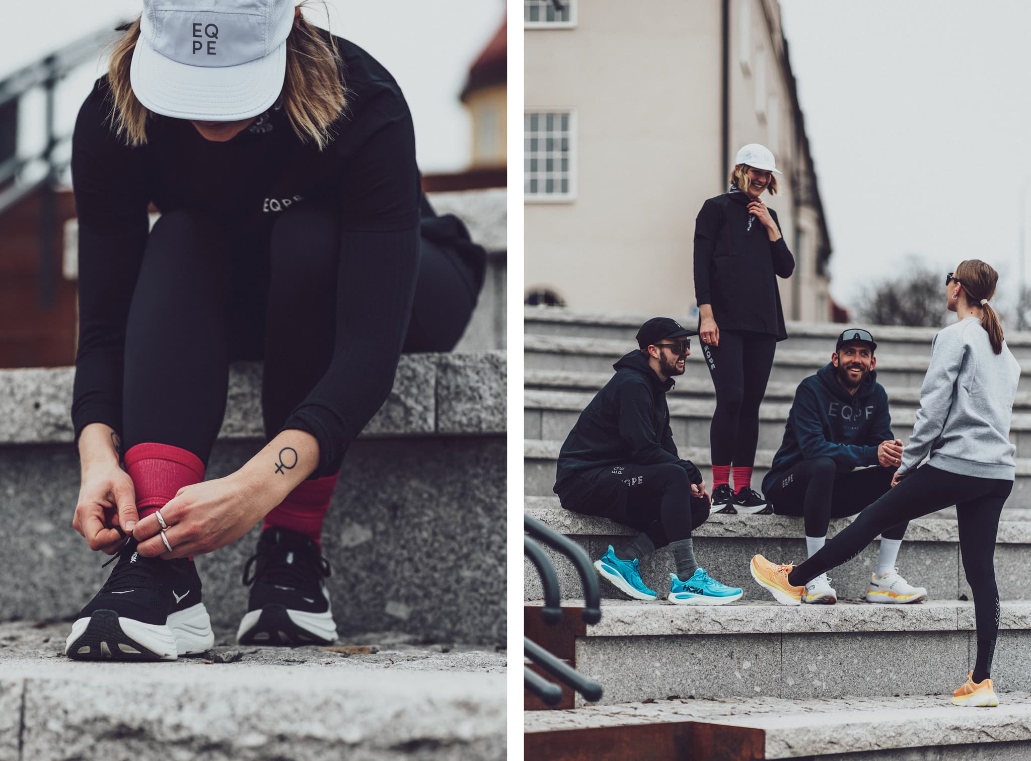 Split image: A person ties their running shoe. Four people in athletic wear converse on steps.