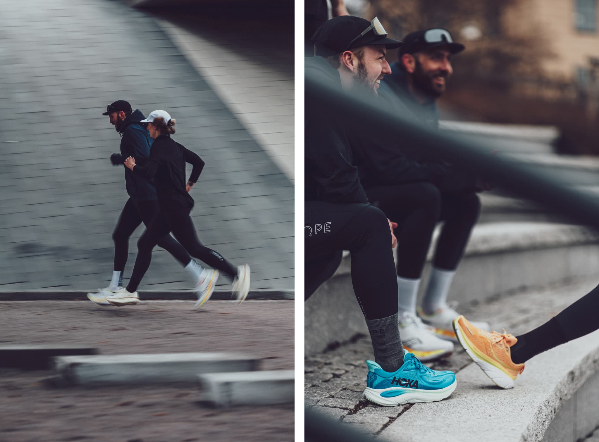 Split image: Two people jogging. Three people sitting on steps, wearing running shoes, and chatting.