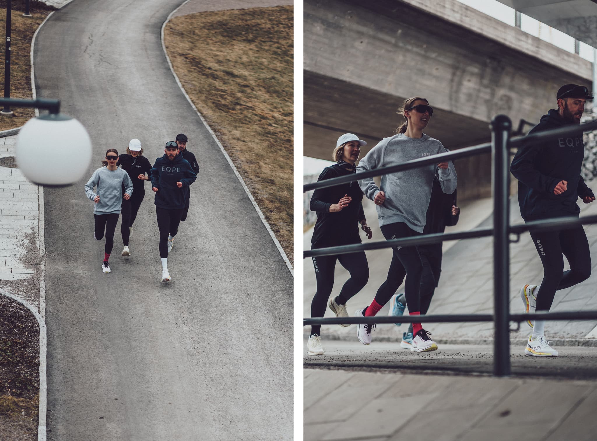 Two images of a group jogging on a paved path and under a bridge, wearing athletic gear.